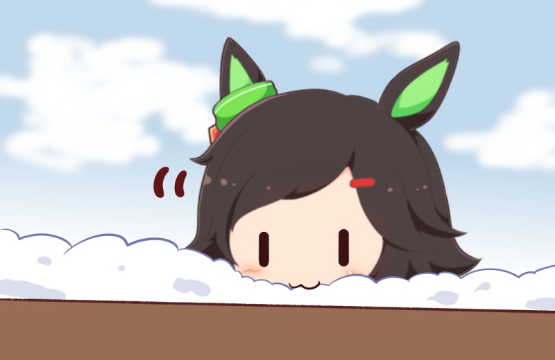 1girl :3 animal_ears black_hair chibi commentary ear_ornament eating fence gomashio_(goma_feet) hair_ornament hairclip historical_reference_connection horse_ears horse_girl motion_lines name_connection outdoors short_hair snow solo umamusume winning_ticket_(umamusume) wooden_fence |_|