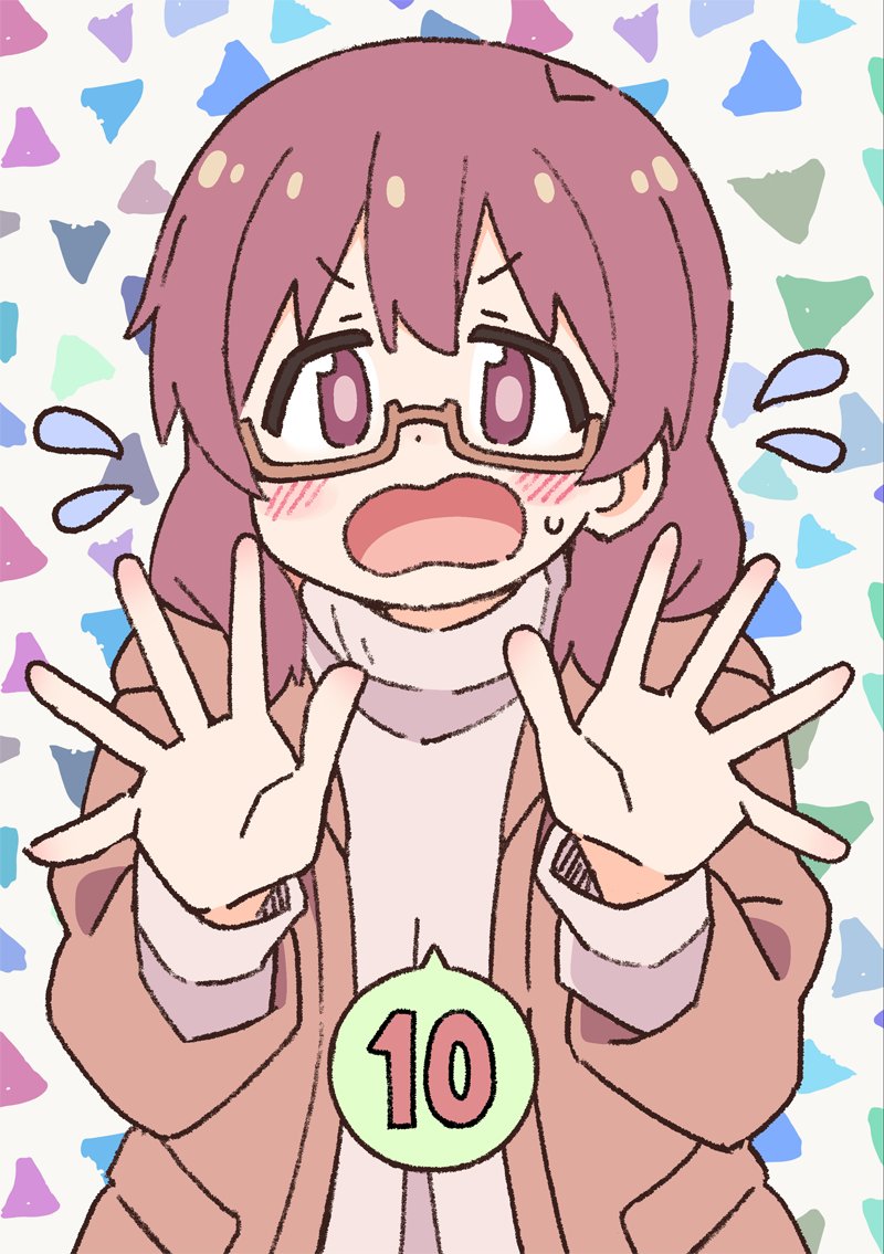 1girl bangs blush commentary dot_nose finger_counting flying_sweatdrops glasses hair_between_eyes jacket long_hair long_sleeves murosaki_miyo nekotoufu official_art onii-chan_wa_oshimai! open_hands open_mouth semi-rimless_eyewear simple_background solo spoken_number under-rim_eyewear violet_eyes wavy_mouth