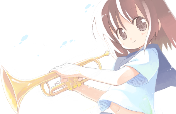 1girl bangs blush brown_eyes brown_hair closed_mouth commentary_request emurin holding holding_instrument instrument looking_at_viewer navel original shirt short_hair short_sleeves smile solo trumpet upper_body white_background white_shirt