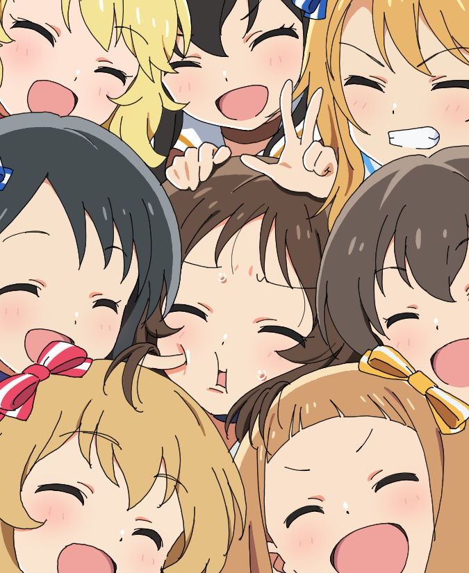 6+girls akagi_miria black_hair blonde_hair blush bow brown_hair cheek_poking close-up closed_eyes derivative_work grin hair_bow hand_on_another's_head ichihara_nina idolmaster idolmaster_cinderella_girls idolmaster_cinderella_girls_u149 koga_koharu light_brown_hair long_hair matoba_risa multiple_girls open_mouth poking sakurai_momoka sasaki_chie short_bangs short_hair smile suu_1108 sweatdrop tachibana_arisu teeth v yuuki_haru