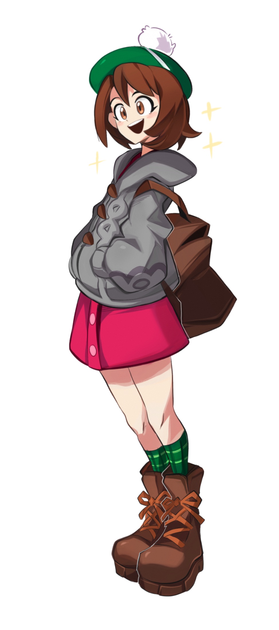 1girl :d backpack bag bob_cut boots brown_bag brown_eyes brown_footwear brown_hair buttons cable_knit cardigan commentary dress full_body gloria_(pokemon) green_headwear green_socks grey_cardigan hands_in_pockets happy hat highres hooded_cardigan knees open_mouth pink_dress plaid_socks pokemon pokemon_(game) pokemon_swsh short_hair simple_background smile socks solo standing surr_ealist tam_o'_shanter teeth upper_teeth_only white_background