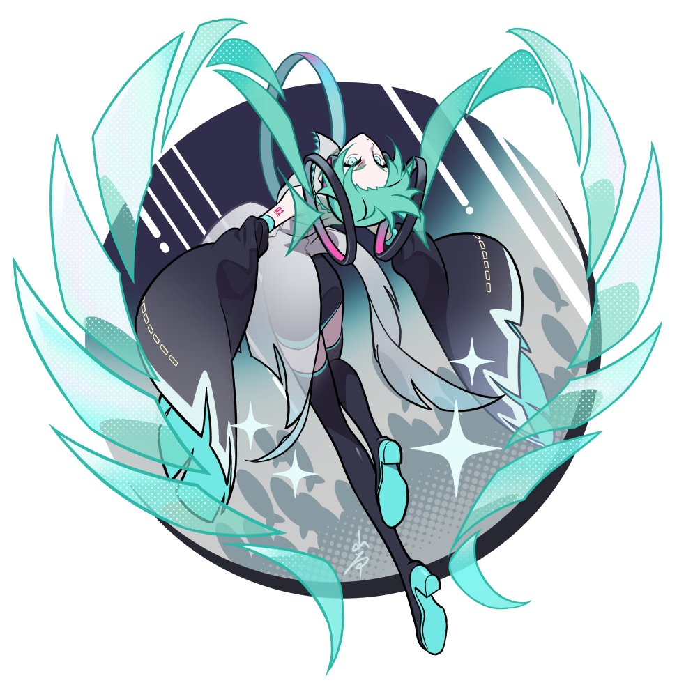 1girl alternate_costume aqua_eyes aqua_hair arched_back black_footwear boots border circular_border coattails collared_shirt detached_hair detached_sleeves forehead from_behind grey_shirt hair_ornament hatsune_miku head_back headphones iwato1712 long_hair looking_at_viewer looking_back miku_day number_tattoo outside_border pencil_skirt romaji_commentary see-through serious shirt skirt sleeveless sleeveless_shirt sleeves_past_fingers sleeves_past_wrists solo sparkle tattoo thigh_boots twintails very_long_hair vocaloid white_border wide_sleeves