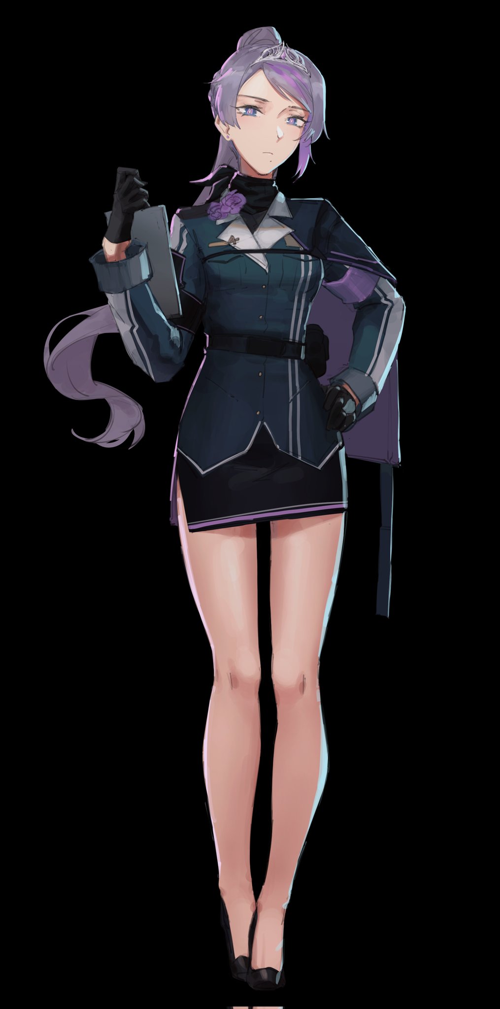 1girl capelet clipboard commentary dangodes earrings english_commentary expressionless flower full_body hand_on_hip highres holding holding_clipboard jewelry long_hair looking_at_viewer military miniskirt original ponytail purple_hair simple_background skirt starsector tiara