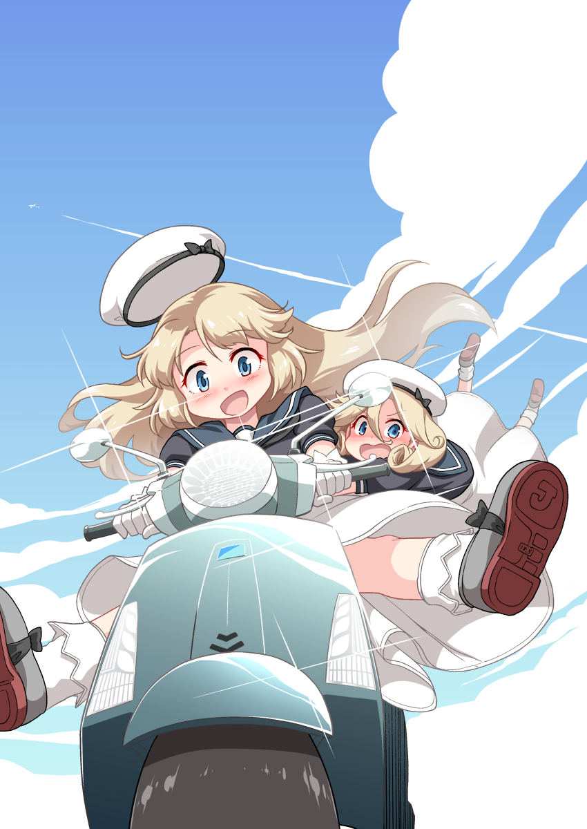 :d aircraft airplane bangs blonde_hair blue_eyes blue_sailor_collar blue_sky clouds day dress floating_hair floating_hat futatsuki_hisame gloves hat highres janus_(kancolle) jervis_(kancolle) kantai_collection legs_up light_rays motor_vehicle motorcycle on_scooter outdoors parted_bangs riding sailor_collar sailor_dress sailor_hat scooter short_hair sky sky_background smile spread_legs white_dress white_gloves white_headwear