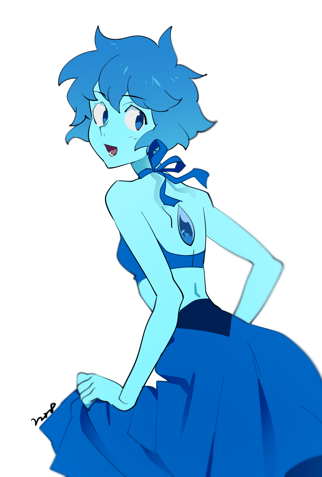 1girl :d back blue_eyes blue_hair blue_skin closed_mouth colored_skin commentary_request gem highres lapis_lazuli_(gemstone) lapis_lazuli_(steven_universe) light_blush looking_at_viewer nano8 short_hair signature simple_background skirt_hold smile solo steven_universe white_background