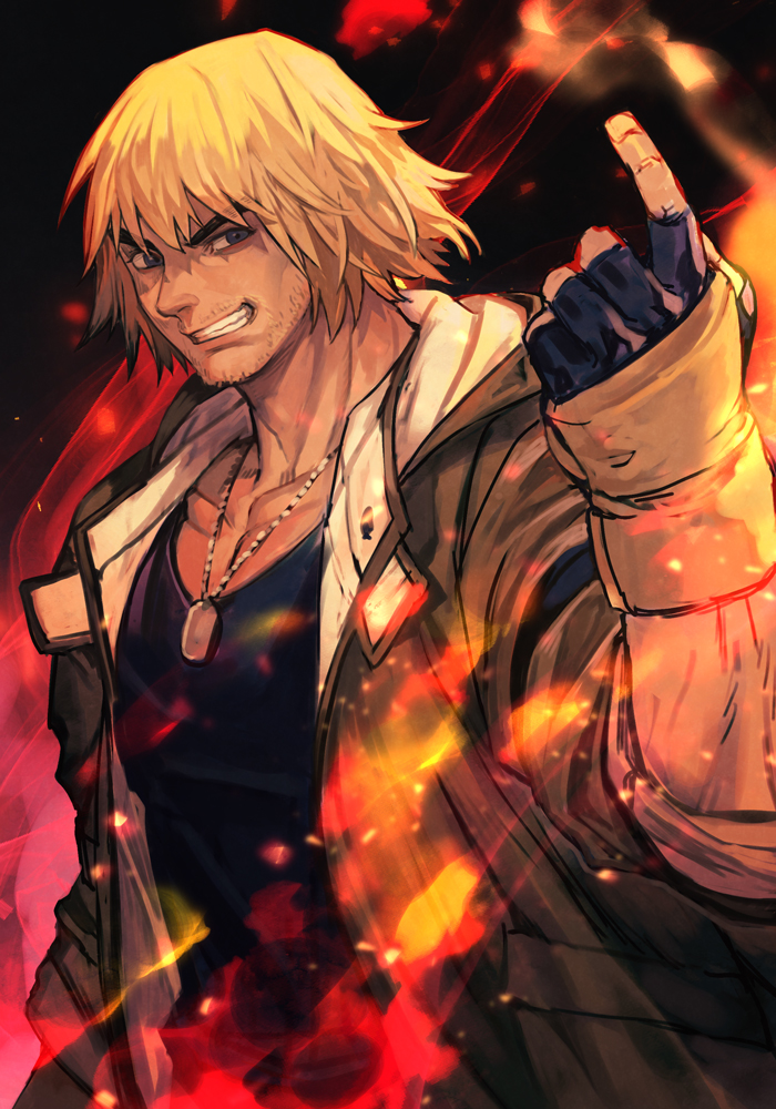 1boy beard blonde_hair brown_jacket come_at_me_bro dark_background dog_tags embers facial_hair fingerless_gloves fire gloves hankuri index_finger_raised jacket ken_masters looking_at_viewer male_focus muscular muscular_male mustache pectoral_cleavage pectorals smile solo street_fighter street_fighter_6 stubble taunting thick_eyebrows upper_body