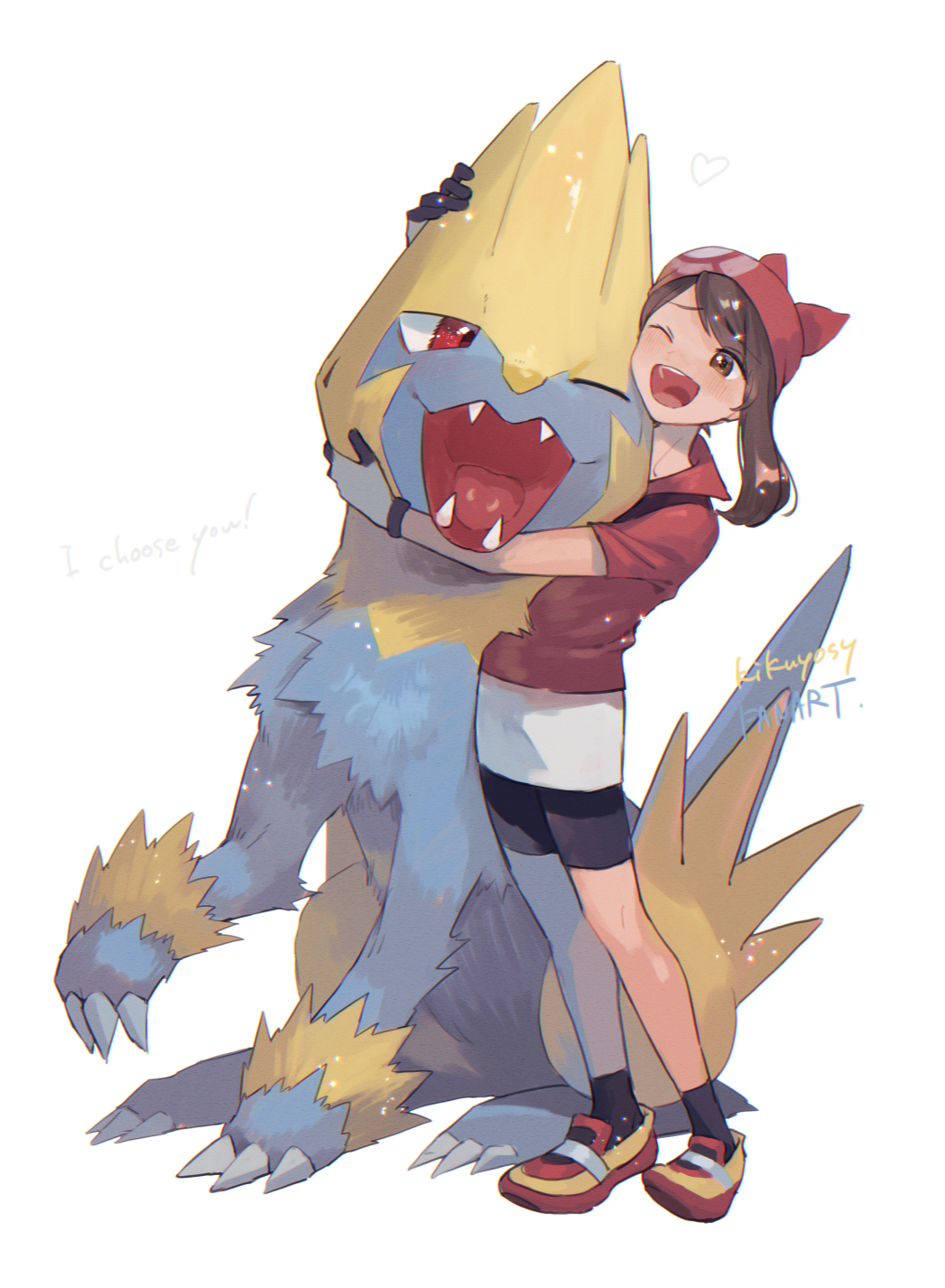 1girl ;d bandana bike_shorts black_socks blush brown_eyes brown_hair collared_shirt commentary_request gloves heart highres kikuyoshi_(tracco) knees manectric may_(pokemon) one_eye_closed open_mouth pokemon pokemon_(creature) pokemon_(game) pokemon_rse red_bandana red_footwear red_shirt shirt shoes short_sleeves signature skirt smile socks standing teeth tongue upper_teeth_only white_background white_skirt