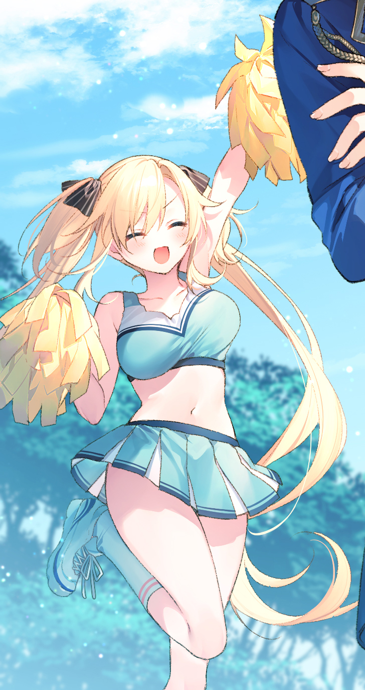 1girl ^_^ arms_up black_ribbon blonde_hair blue_sky bouncing_breasts breasts cheerleader closed_eyes crop_top cropped green_shirt green_skirt hair_ribbon highres huge_breasts kneehighs miniskirt navel novel_illustration official_art outdoors pom_pom_(cheerleading) regina_mercedes ribbon seiken_gakuin_no_maken_tsukai shirt shoes skirt sky smile socks solo_focus standing standing_on_one_leg striped striped_skirt thighs toosaka_asagi tree twintails white_footwear white_socks