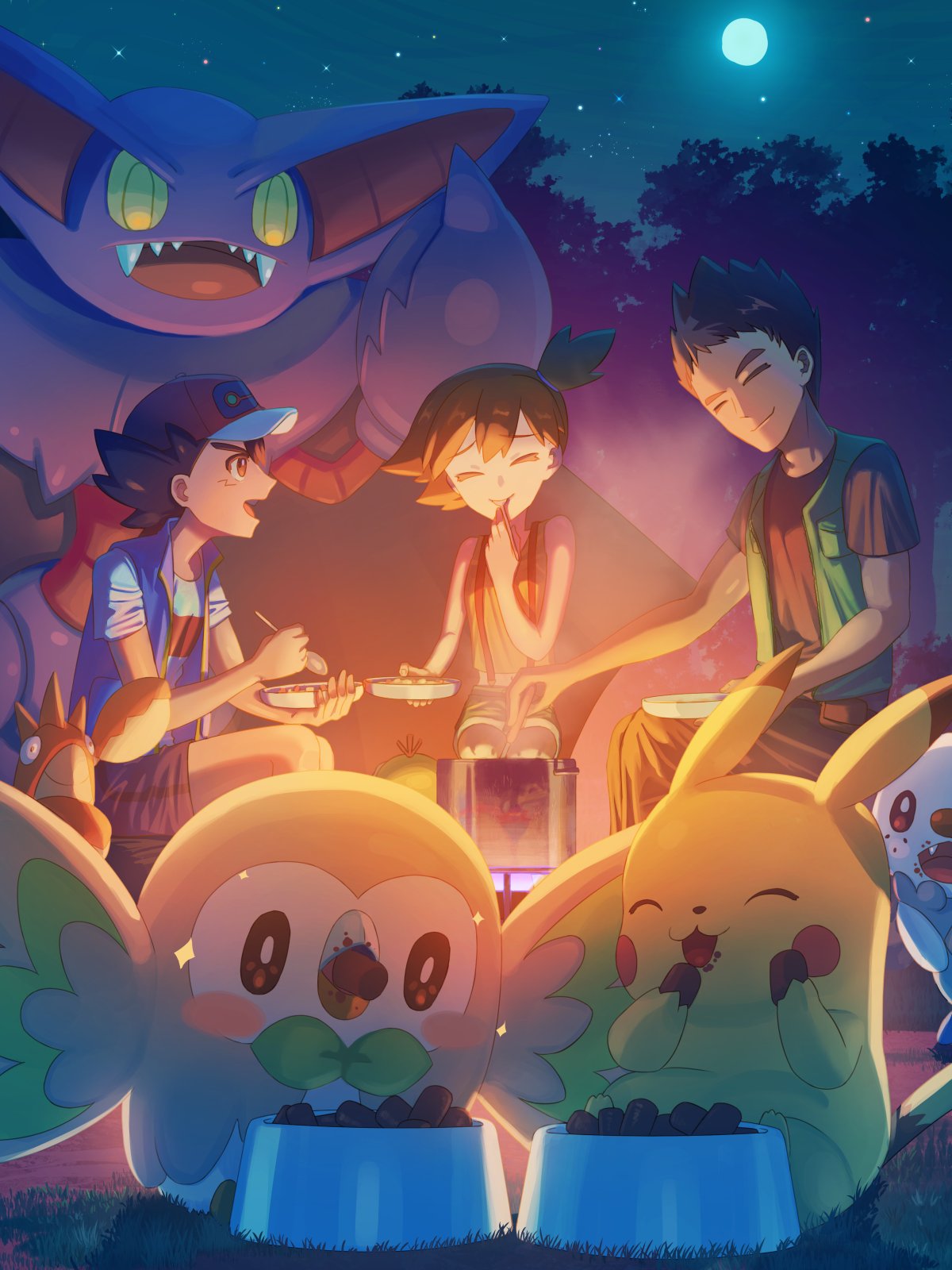 1girl 2boys ash_ketchum bangs black_hair blue_jacket bowl brock_(pokemon) closed_eyes closed_mouth commentary_request corphish eating food food_on_face gliscor hat highres holding holding_spoon jacket misty_(pokemon) mokukitusui moon multiple_boys night open_clothes open_jacket oshawott outdoors pet_bowl pet_food pikachu pokemon pokemon_(anime) pokemon_(creature) pokemon_journeys red_headwear rowlet shirt short_hair short_sleeves shorts sitting sky sleeveless sleeveless_jacket smile sparkle spoon suspenders t-shirt white_shirt yellow_shirt