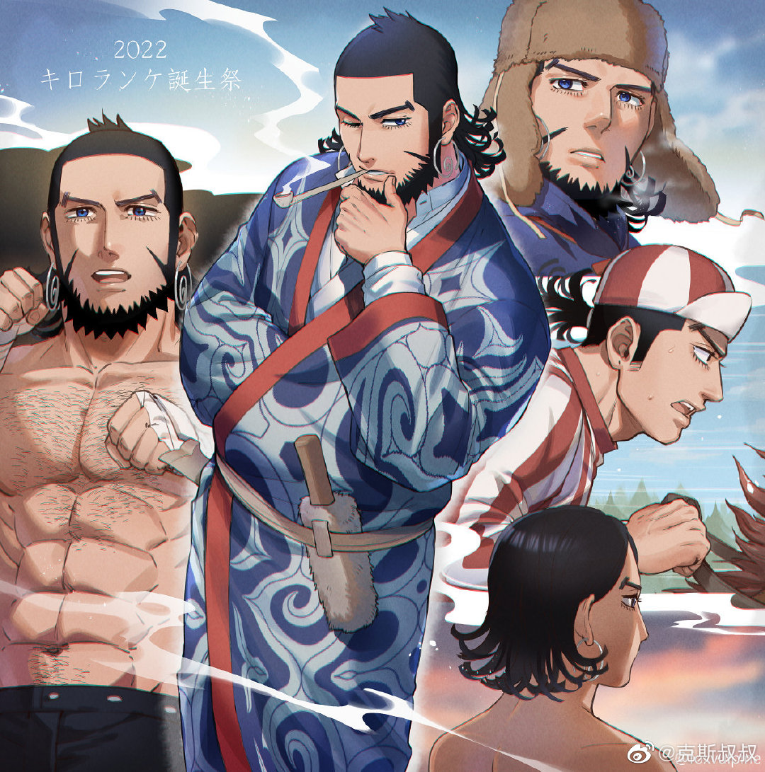 1boy 2022 abs bandaged_hand bandages beard black_hair blue_eyes blue_kimono earrings facial_hair fighting_stance foxvulpine fur_hat golden_kamuy hairy hand_on_own_chin hat horseback_riding japanese_clothes jewelry kimono kiroranke knife looking_at_viewer male_focus medium_hair muscular muscular_male navel one_eye_closed open_mouth patterned_clothing pectorals riding sheath sheathed sideburns smile smoking smoking_pipe ushanka variations