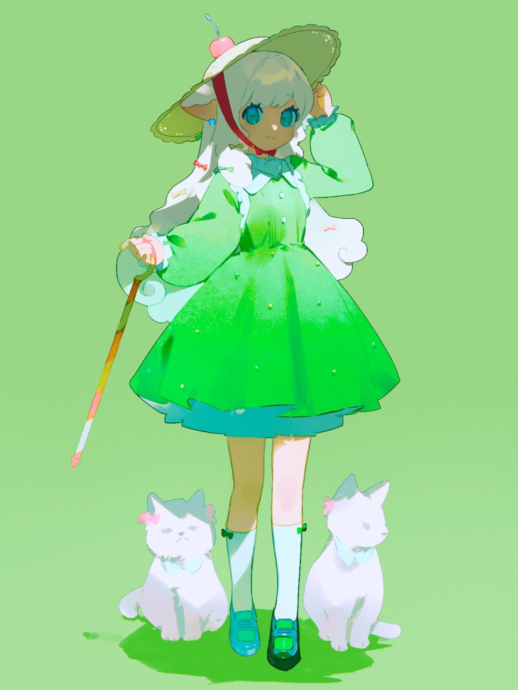 1girl animal animal_ears bangs blue_eyes blue_footwear bow candy candy_cane cane cat cat_day cat_ears cherry chin_strap closed_mouth collared_dress dress earrings food food_on_head fruit fruit_on_head full_body green_background green_theme hair_bow hand_on_headwear hand_up hat highres holding holding_cane jewelry kneehighs long_hair long_sleeves looking_at_viewer makagi2 mary_janes melon_soda object_on_head original personification shoes short_dress sidelocks simple_background smile socks standing sun_hat white_hair white_socks