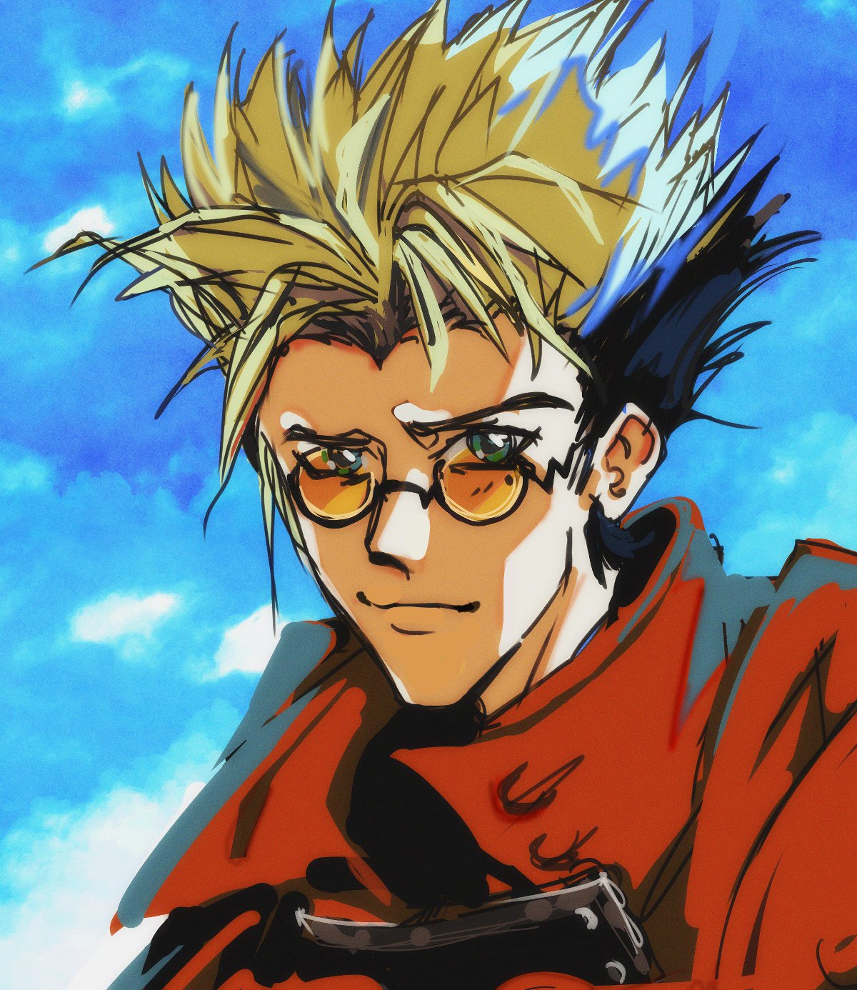 1boy blonde_hair blue_sky closed_mouth clouds cloudy_sky coat green_eyes highres inferno_(liketheinferno) looking_at_viewer male_focus mole mole_under_eye red_coat sky solo sunglasses trigun vash_the_stampede