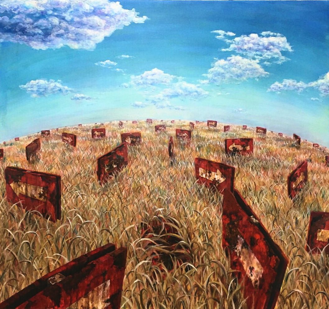 arrow_(symbol) blue_sky clouds cloudy_sky commentary day dilapidated field fisheye horizon nature no_humans oil_painting_(medium) original outdoors painting_(medium) rust scenery sign sky tokunaga_aoi traditional_media