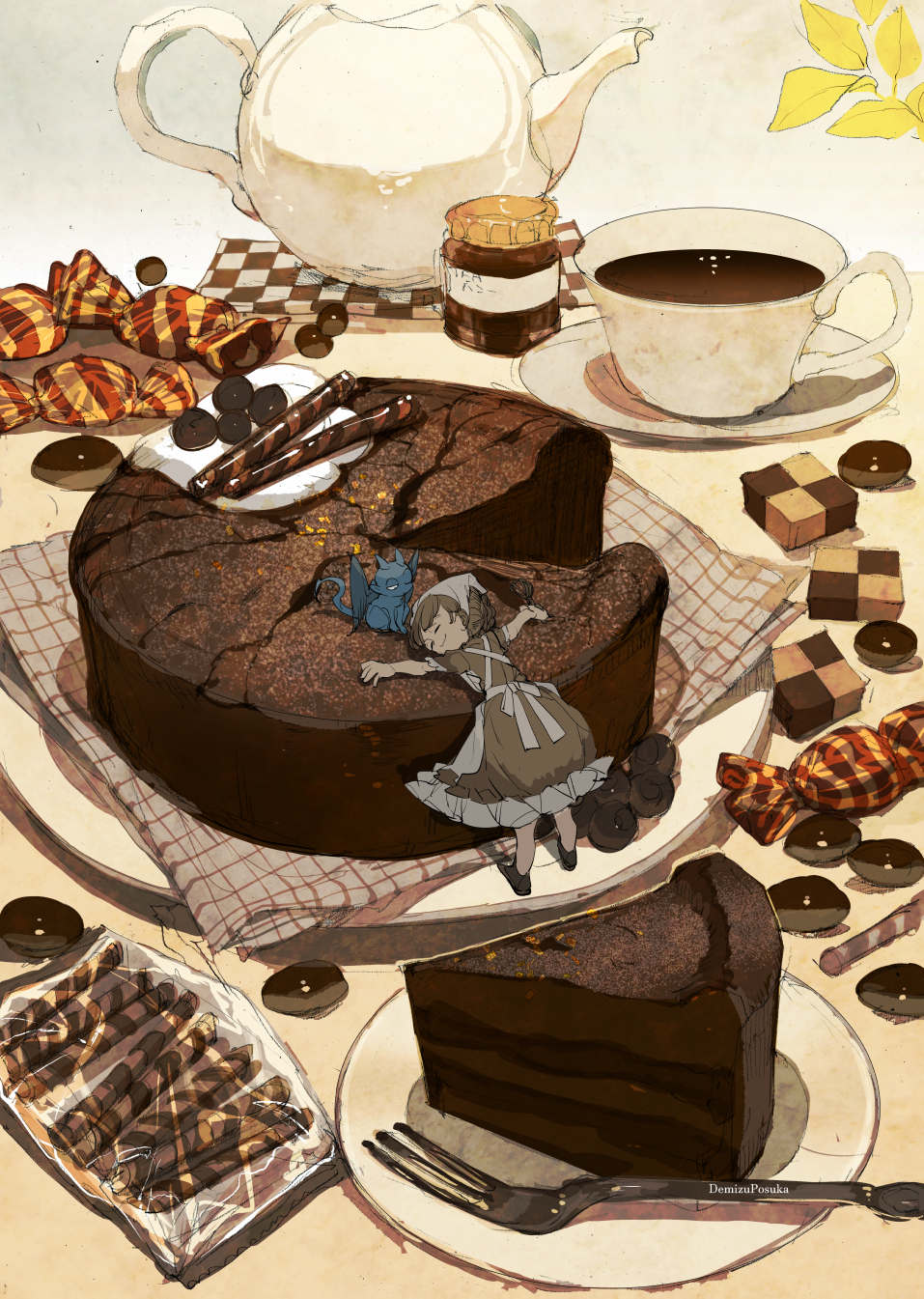 1girl apron brown_dress cake cake_slice candy chocolate_cake closed_eyes closed_mouth commentary_request cup demizu_posuka demon demon_horns demon_tail demon_wings dessert dress food food_focus fork highres horns jar maid original plate smile tail tea teacup teapot wafer_stick wings