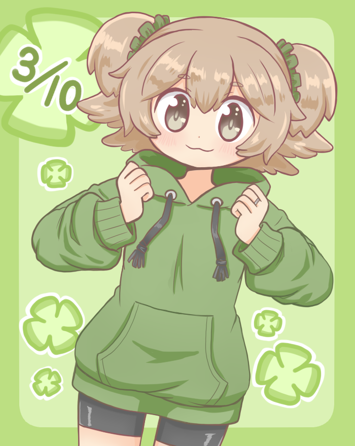 1girl :3 aino_mito alternate_costume bangs black_shorts brown_eyes clenched_hands closed_mouth cowboy_shot dated dot_nose drawstring dutch_angle green_background green_hoodie hands_up hood hood_down hoodie light_brown_hair long_sleeves looking_at_viewer magia_record:_mahou_shoujo_madoka_magica_gaiden mahou_shoujo_madoka_magica pocket reverse_(bluefencer) short_eyebrows short_hair shorts solo thick_eyebrows two_side_up