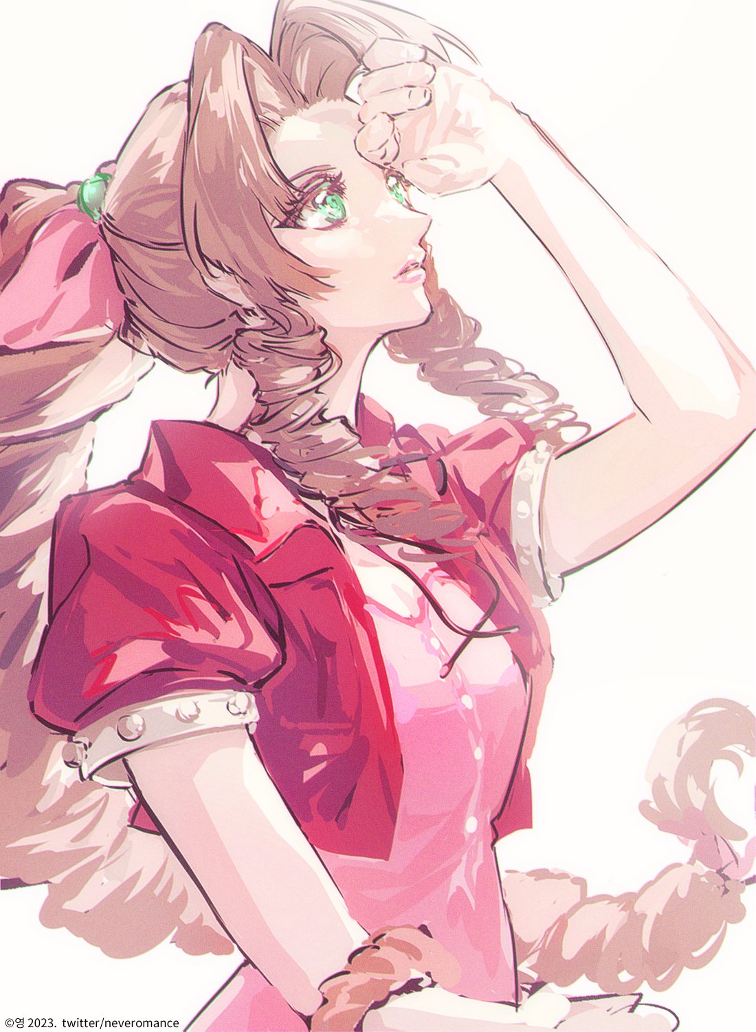 1girl aerith_gainsborough bangs basket black_choker braid braided_ponytail breasts brown_hair choker cropped_jacket final_fantasy final_fantasy_vii green_eyes hair_ribbon highres holding holding_basket jacket long_hair looking_up materia medium_breasts neveromance parted_bangs parted_lips pink_ribbon puffy_short_sleeves puffy_sleeves red_jacket ribbon ribbon_choker shading_eyes short_sleeves sidelocks single_braid sketch solo upper_body wavy_hair white_background