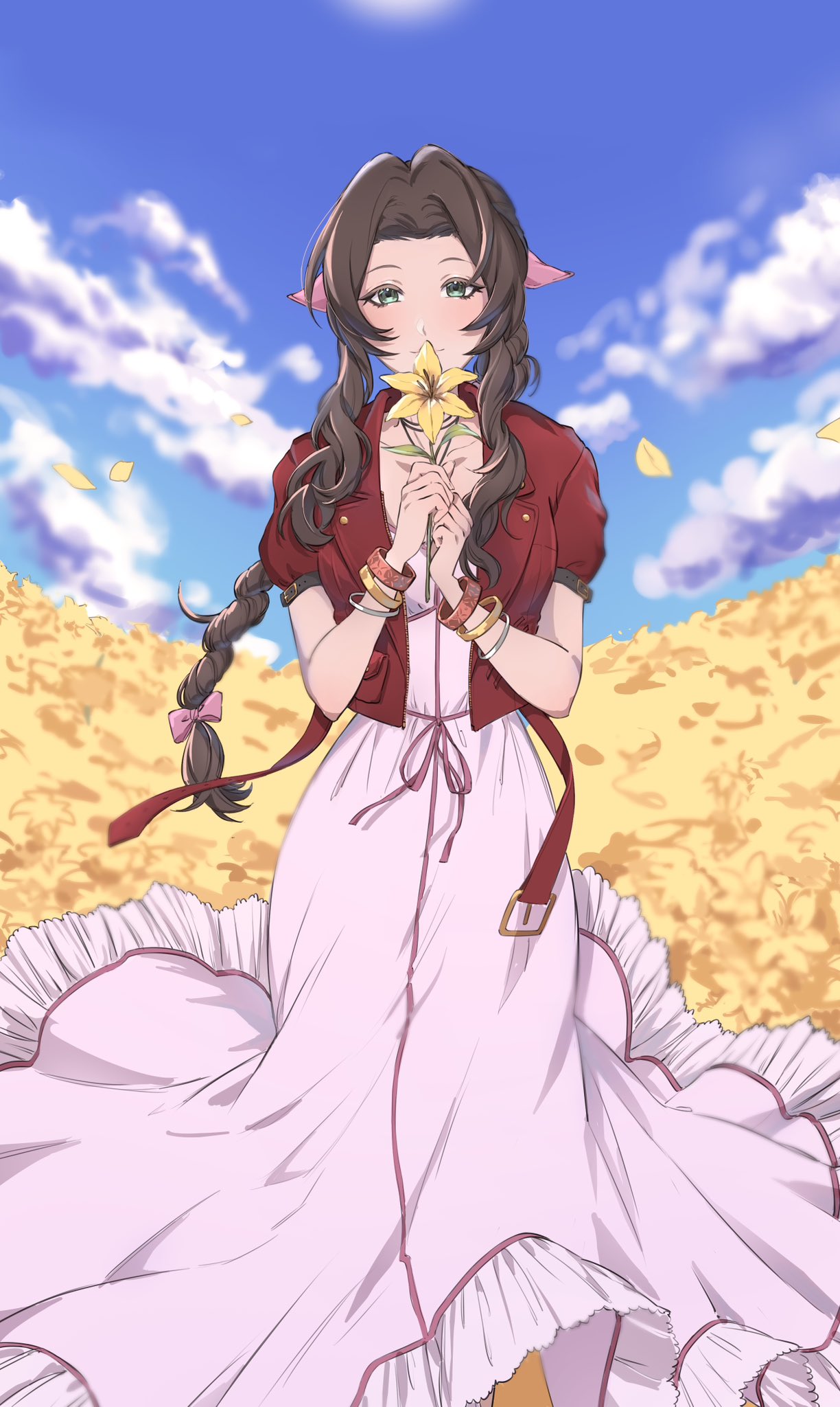 1girl aerith_gainsborough bangle bangs black_choker blue_sky bow bracelet braid braided_ponytail brown_hair choker clouds cloudy_sky cowboy_shot cropped_jacket dress falling_petals feet_out_of_frame field final_fantasy final_fantasy_vii final_fantasy_vii_remake flower flower_field green_eyes hair_bow hair_ribbon highres holding holding_flower jacket jewelry kivavis lily_(flower) long_dress long_hair looking_at_viewer outdoors own_hands_together parted_bangs petals pink_bow pink_dress pink_ribbon red_jacket ribbon short_sleeves sidelocks single_braid sky smile solo wavy_hair yellow_flower