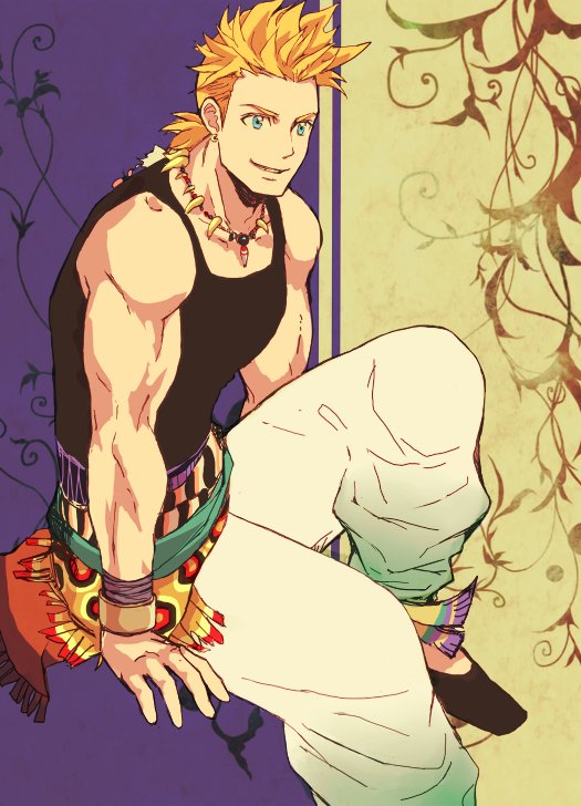 1boy baggy_pants bare_shoulders black_footwear black_tank_top blonde_hair blue_eyes final_fantasy final_fantasy_vi foot_out_of_frame jewelry kisa_tmy11 low_ponytail male_focus mash_rene_figaro muscular muscular_male necklace pants parted_lips short_hair sitting smile solo tank_top tooth_necklace white_pants wristband