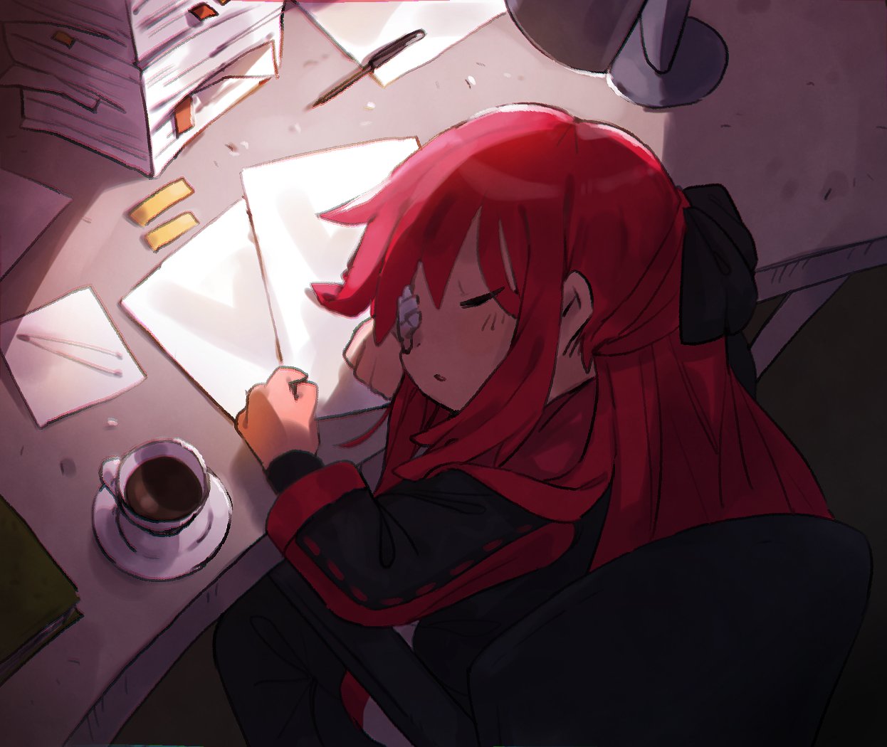 1girl bandage_over_one_eye black_jacket black_ribbon book closed_eyes coffee commentary_request desk hair_ribbon jacket limbus_company long_hair long_sleeves nonga paper paper_stack parted_lips pink_hair project_moon ribbon sleeping solo yuri_(limbus_company)