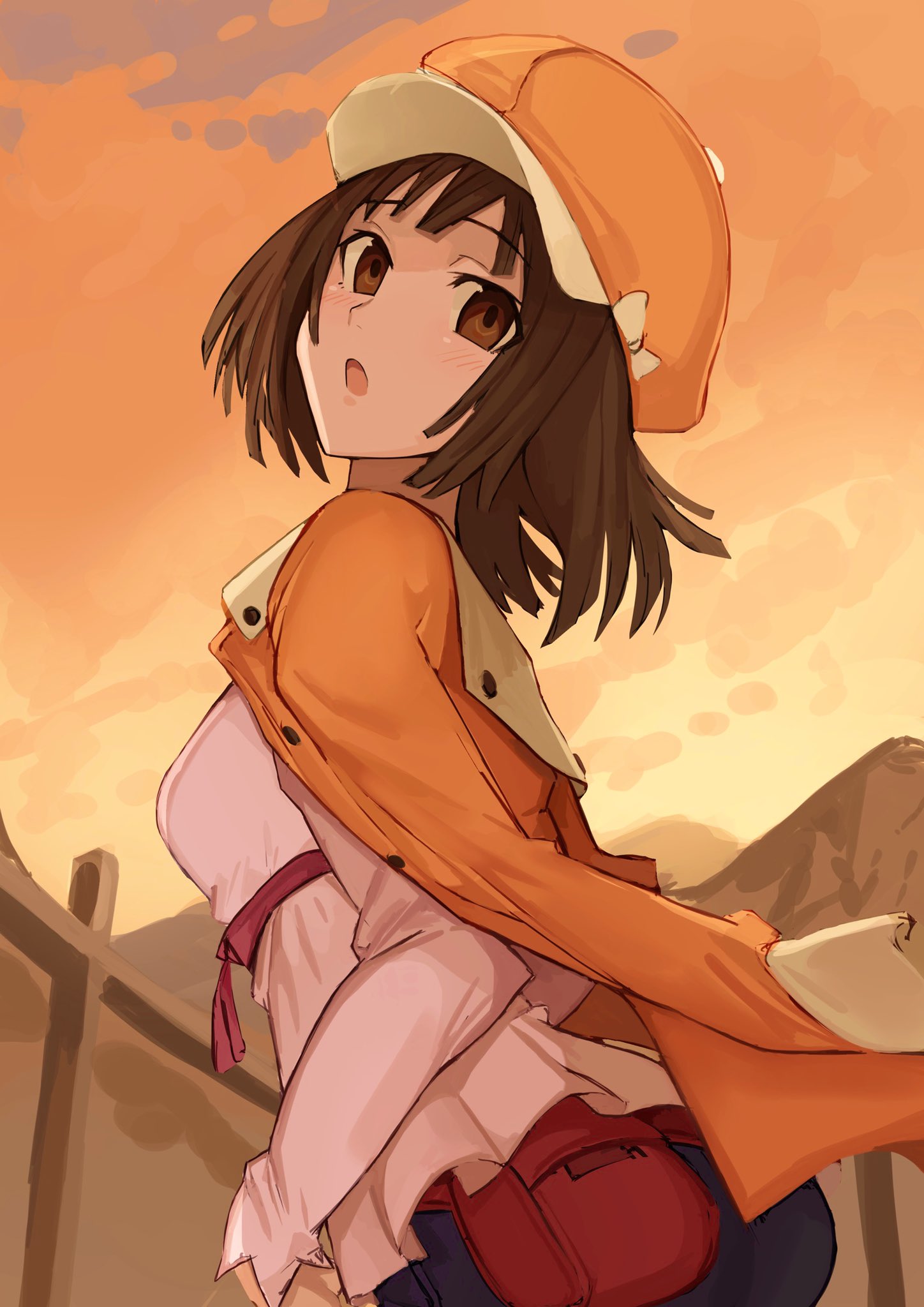 1girl bakemonogatari blush brown_eyes brown_hair cabbie_hat hat highres jacket jacket_on_shoulders looking_at_viewer monogatari_(series) nasubin_(nasubisamurai15) open_mouth pouch sengoku_nadeko short_hair solo