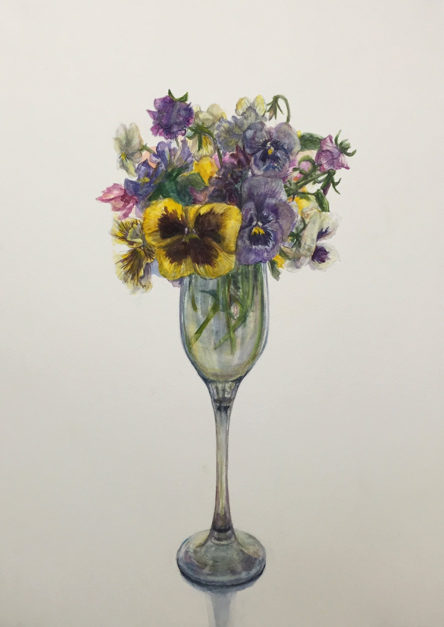 bouquet champagne_flute commentary_request cup drinking_glass flower highres no_humans original painting_(medium) pansy purple_flower realistic revision simple_background still_life tokunaga_aoi traditional_media watercolor_(medium) white_background yellow_flower