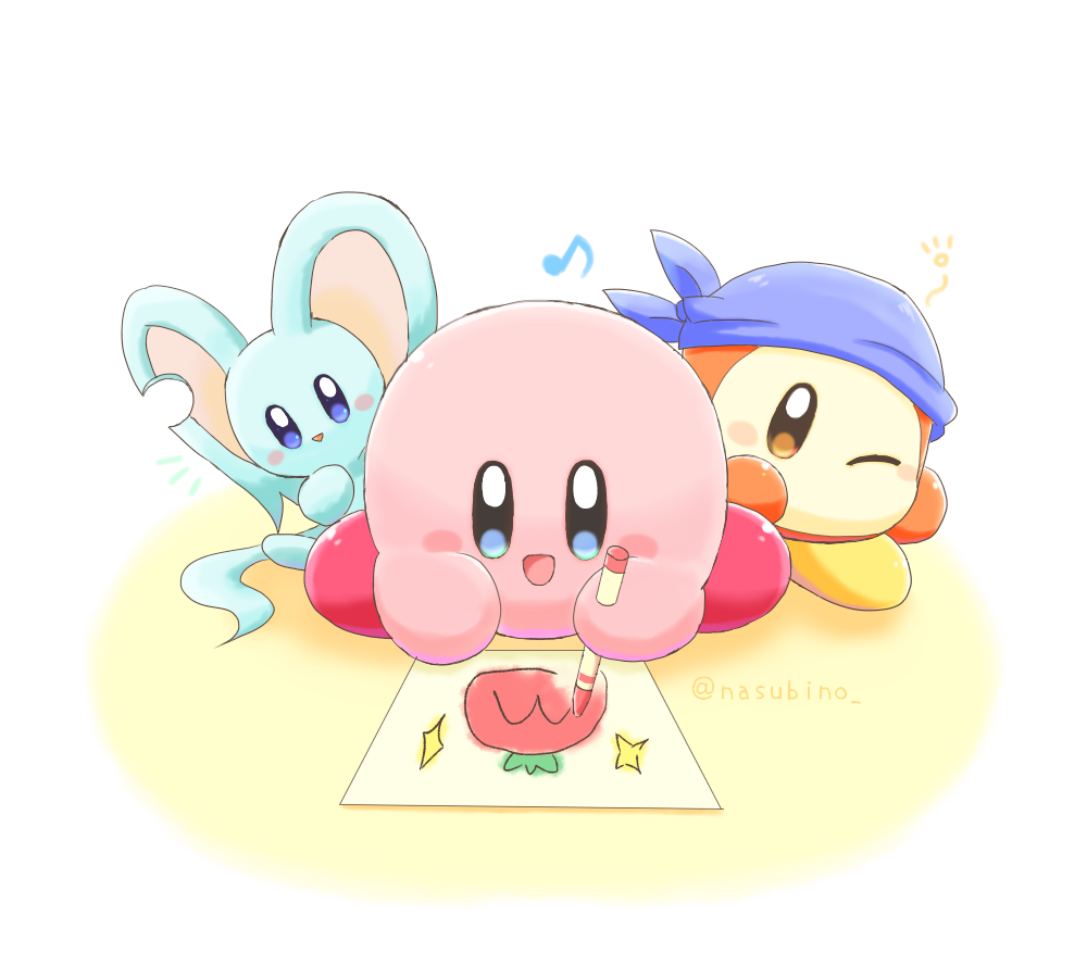 :d artist_name bandana bandana_waddle_dee blue_bandana blue_eyes blush blush_stickers brown_eyes commentary_request crayon drawing eighth_note elfilin holding holding_crayon kirby kirby_(series) looking_at_viewer maxim_tomato musical_note nasubino_(ramowarabi) no_humans notice_lines one_eye_closed open_mouth paper simple_background sitting smile twitter_username white_background
