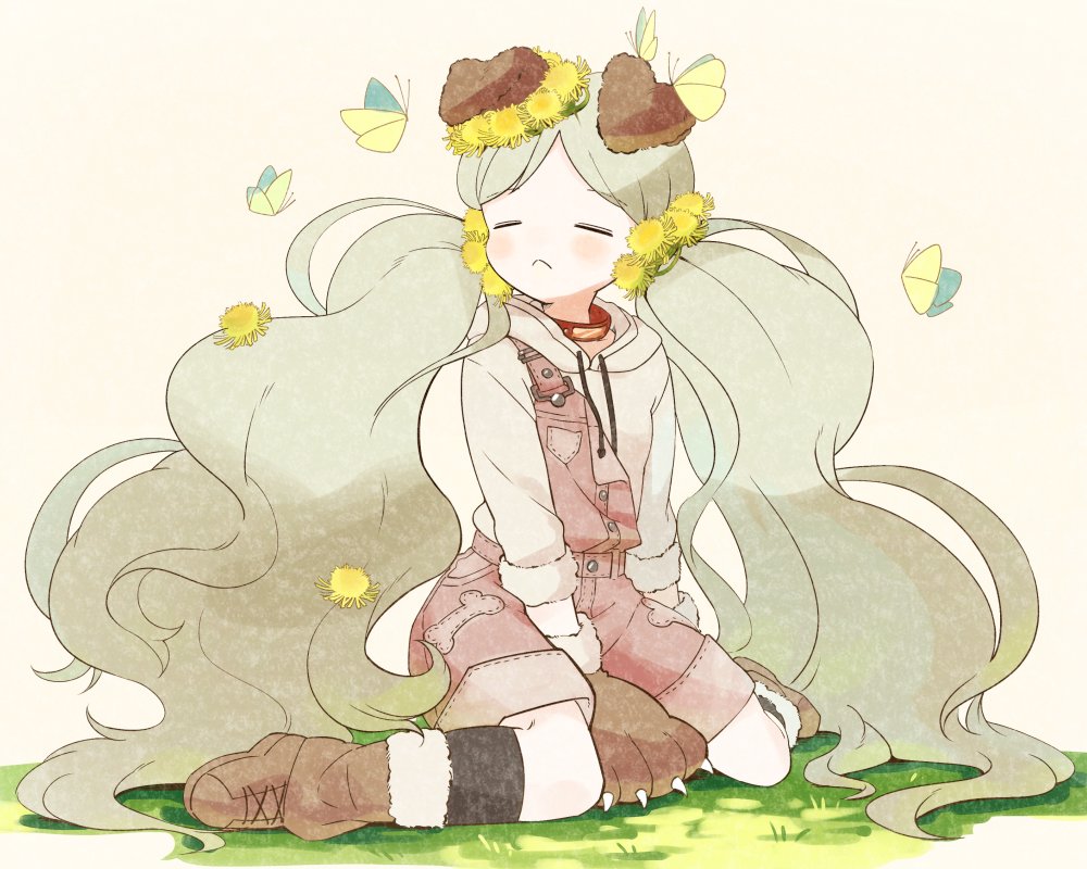 1girl =_= animal_ears animal_hands bangs black_socks blush bone_print brown_footwear bug butterfly choker dog_ears flower full_body gloves grass grey_hoodie hair_flower hair_ornament handa_roco hood hoodie idolmaster idolmaster_million_live! leather_choker light_green_hair long_hair on_ground parted_bangs paw_gloves pyopyo red_choker shorts simple_background sitting socks solo suspender_shorts suspenders twintails very_long_hair wariza