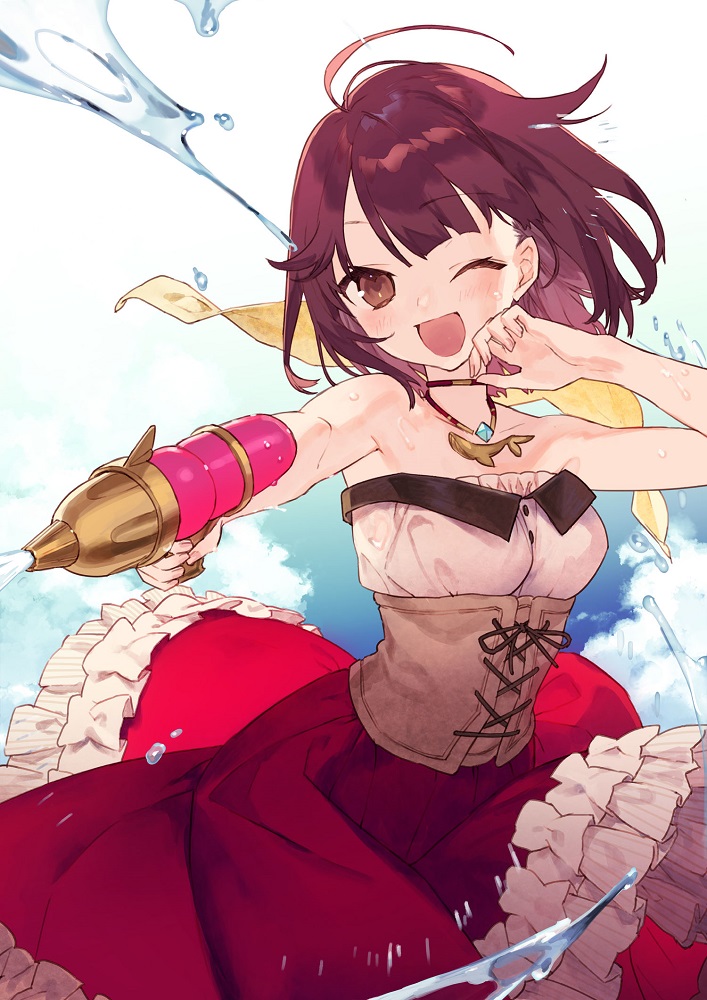 1girl ;d aiming alternate_costume atelier_(series) atelier_sophie bangs blue_sky breasts brown_eyes clouds corset cross-laced_clothes cross-laced_top dress frilled_dress frills gun hand_on_own_cheek hand_on_own_face holding holding_gun holding_weapon jewelry medium_breasts necklace noco_(adamas) one_eye_closed open_mouth red_dress red_skirt redhead short_hair skirt sky smile sophie_neuenmuller splashing water water_drop water_gun weapon wet wet_clothes wet_hair