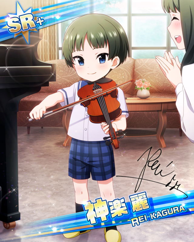 1boy 1girl aged_down bangs black_hair black_socks blue_eyes bow_(music) card_(medium) character_name character_signature couch fingernails holding holding_instrument idolmaster idolmaster_side-m instrument kagura_rei kagura_rei's_mother male_child official_art open_mouth short_sleeves shorts slippers smile socks teeth upper_teeth_only violin