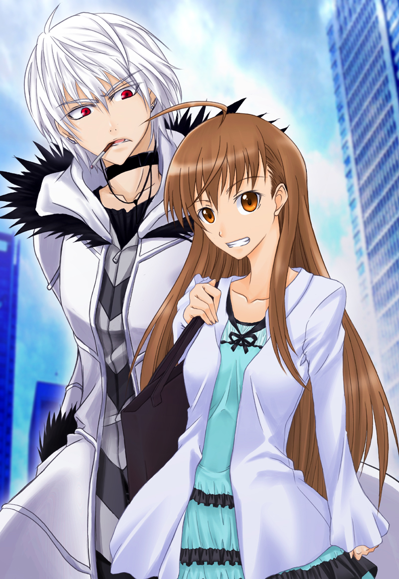 1boy 1girl accelerator_(toaru_majutsu_no_index) age_difference aged_up ahoge albino aqua_dress bag black_choker black_shirt blue_sky breasts brown_hair building choker cigarette clouds cloudy_sky commentary_request day diagonal_stripes dress ear_piercing fur-trimmed_hood fur_trim grin hair_between_eyes hand_in_pocket hand_up handbag height_difference hood hood_down hoodie jacket kurogane_(blackxsilver) last_order_(toaru_majutsu_no_index) long_hair long_sleeves looking_at_viewer medium_breasts open_clothes open_jacket open_mouth outdoors piercing red_eyes shirt short_hair sky smile smoking striped striped_hoodie teeth toaru_majutsu_no_index upper_body v-shaped_eyebrows white_hair white_hood white_jacket