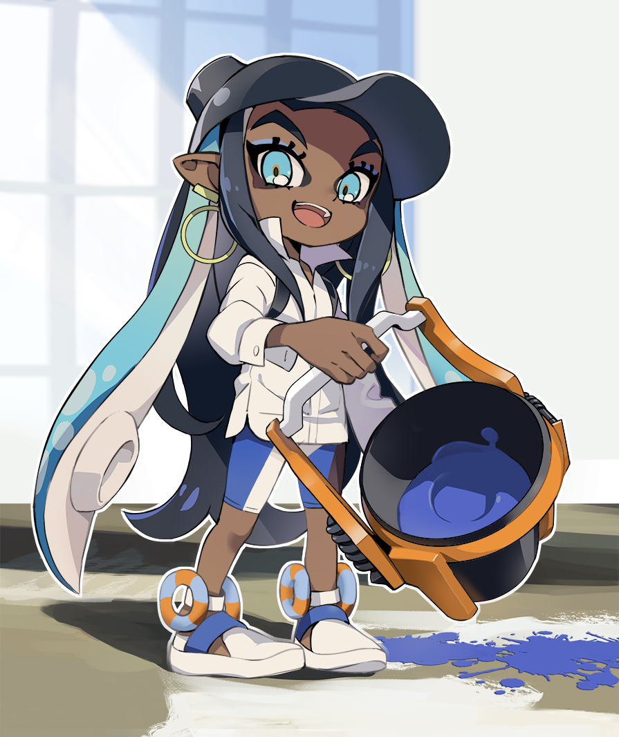 1girl :d alternate_species black_headwear blue_eyeshadow blue_shorts bucket collared_shirt commentary_request dark-skinned_female dark_skin earclip earrings eyelashes eyeshadow hat holding jewelry long_hair long_sleeves looking_at_viewer makeup nessa_(pokemon) nyoro_(nyoronyoro000) open_mouth outline paint pokemon pokemon_(game) pokemon_swsh shirt shoes shorts smile solo splatoon_(series) standing teeth tongue upper_teeth_only white_footwear white_shirt