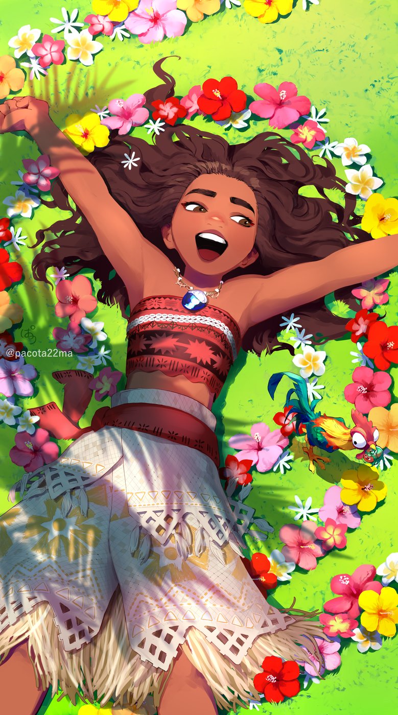 1girl :d armpits arms_up artist_name bandeau bare_shoulders bird brown_eyes brown_hair chicken commentary_request dark-skinned_female dark_skin eyelashes flower grass hair_spread_out heihei_(moana) hibiscus highres jewelry long_hair looking_at_another looking_to_the_side lying moana_(movie) moana_waialiki necklace on_back on_grass open_mouth pano_(mohayayamai) pink_flower red_bandeau red_flower sarong shadow skirt smile solo teeth tongue twitter_username upper_teeth_only white_flower white_skirt yellow_flower