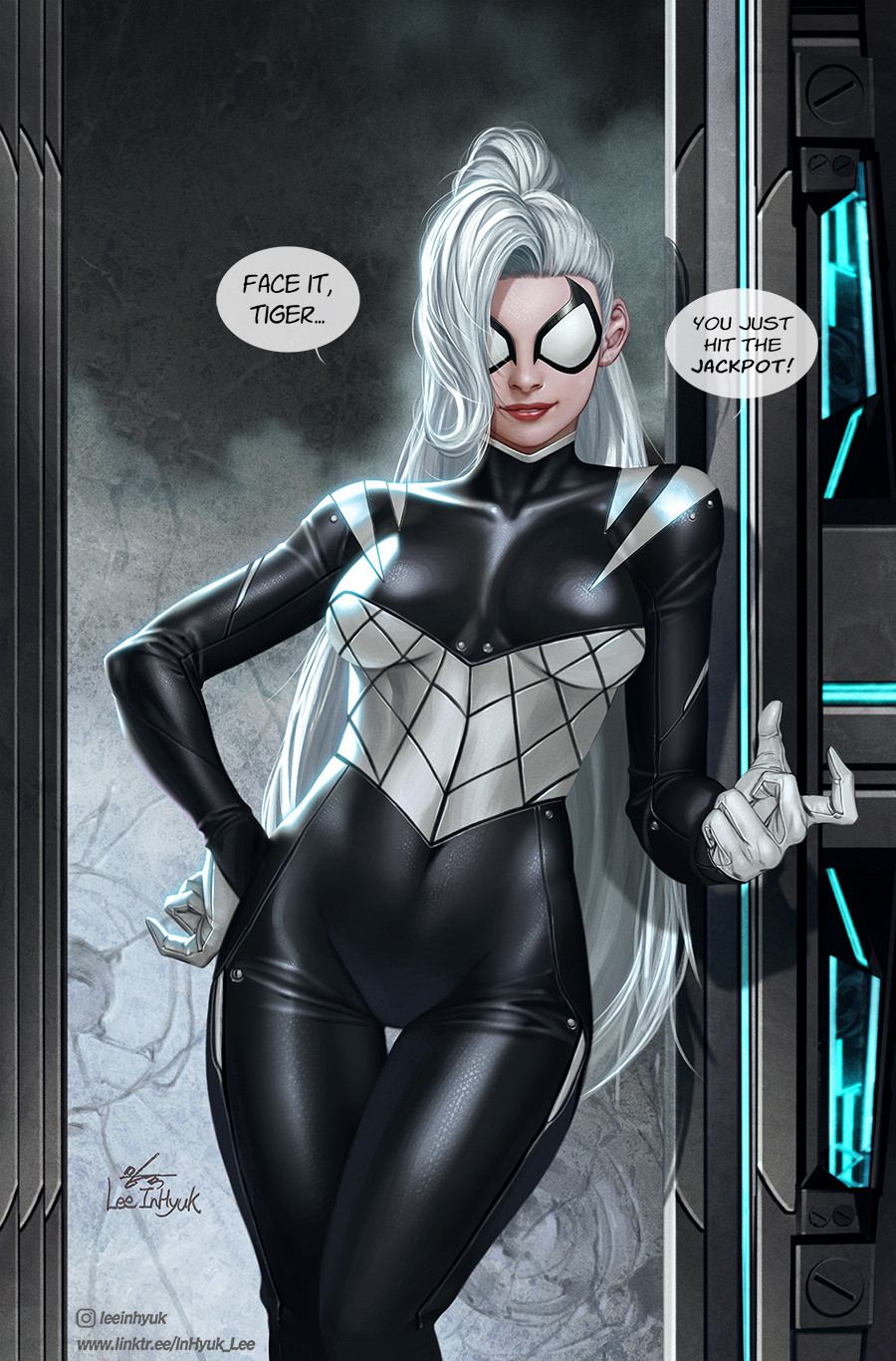 1girl black_bodysuit bodysuit english_text felicia_hardy hand_on_hip highres in-hyuk_lee indoors long_hair marvel night-spider ponytail signature speech_bubble spider-man_(series) standing white_hair
