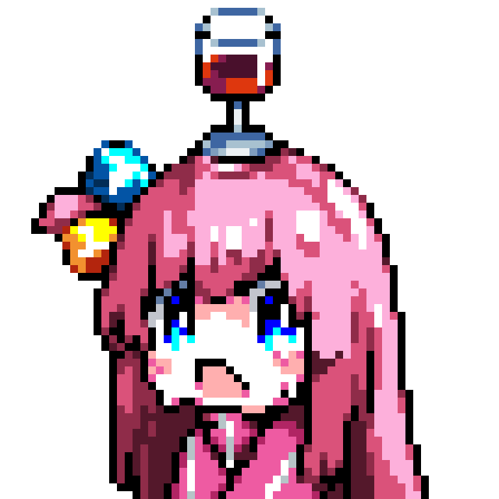 1girl bangs blue_eyes bocchi_the_rock! cube_hair_ornament cup cup_on_head downvote drinking_glass gotou_hitori hair_ornament long_hair looking_at_viewer one_side_up pink_hair pink_track_suit pixel_art short_hair solo wine_glass