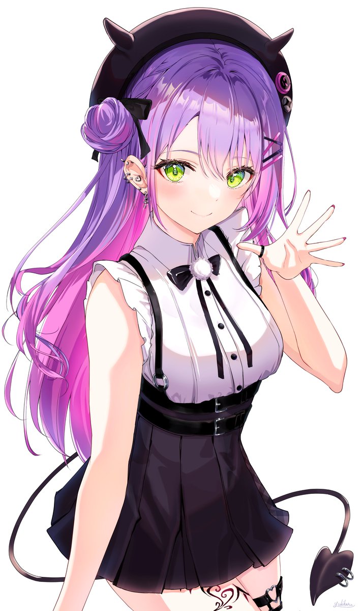 1girl artist_name bangs bare_arms black_bow black_bowtie black_headwear black_skirt blush bow bowtie closed_mouth collared_shirt colored_inner_hair commentary_request demon_girl demon_tail ear_piercing fake_horns frilled_shirt frilled_sleeves frills green_eyes hair_between_eyes hair_bun hair_ornament heart_o-ring high-waist_skirt highres hololive horned_headwear horns leg_tattoo long_hair looking_at_viewer miniskirt multicolored_hair o-ring o-ring_thigh_strap piercing pink_hair pleated_skirt pom_pom_(clothes) purple_hair shirt short_sleeves signature simple_background skirt smile solo streaked_hair suspender_skirt suspenders tail tail_ornament tail_piercing tattoo thigh_strap tokoyami_towa virtual_youtuber white_background white_shirt yuki_haru