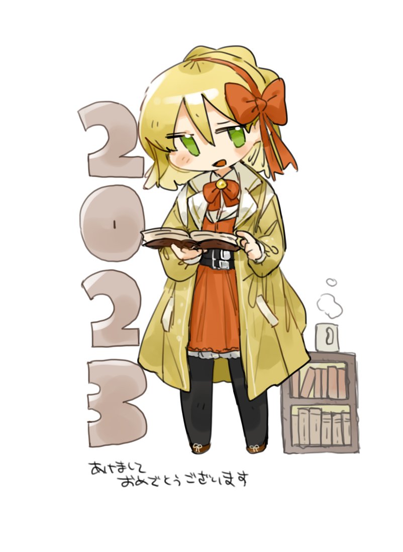 1girl 2023 belt black_belt black_pantyhose blonde_hair book braid brown_footwear coat commentary_request crown_braid dress green_eyes hair_ribbon hairband happy_new_year holding holding_book library_of_ruina long_sleeves neck_ribbon no_nose nonga open_clothes open_coat open_mouth orange_dress orange_hairband orange_ribbon pantyhose project_moon ribbon shirt smile solo tiphereth_a_(project_moon) white_shirt yellow_coat