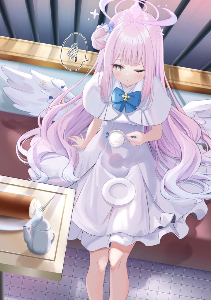 1girl angel_wings bangs blue_archive blunt_bangs blurry cake capelet commentary_request couch cup depth_of_field dress feathered_wings food foulo_paints frilled_dress frills from_above hair_bun hair_ornament halo holding holding_cup iron_bars long_hair looking_away mika_(blue_archive) milk_tea one_eye_closed one_side_up pink_hair plate prison school_uniform sidelocks single_side_bun sitting solo spoken_squiggle squiggle swiss_roll table teacup teapot tile_floor tiles turtleneck_dress wavy_hair white_dress white_wings wings yellow_eyes