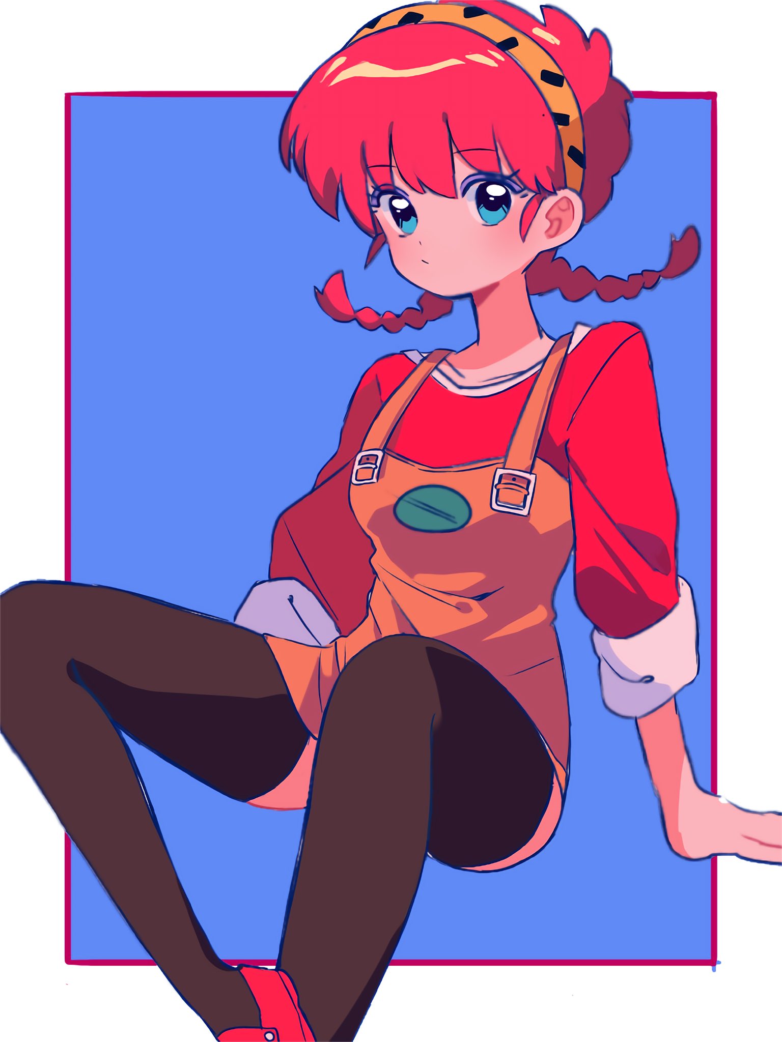 1girl blue_eyes braid breasts closed_mouth hair_between_eyes hairband highres invisible_chair official_alternate_costume ranma-chan ranma_1/2 red_footwear redhead sanamaru_(sana79261827) sitting solo twin_braids