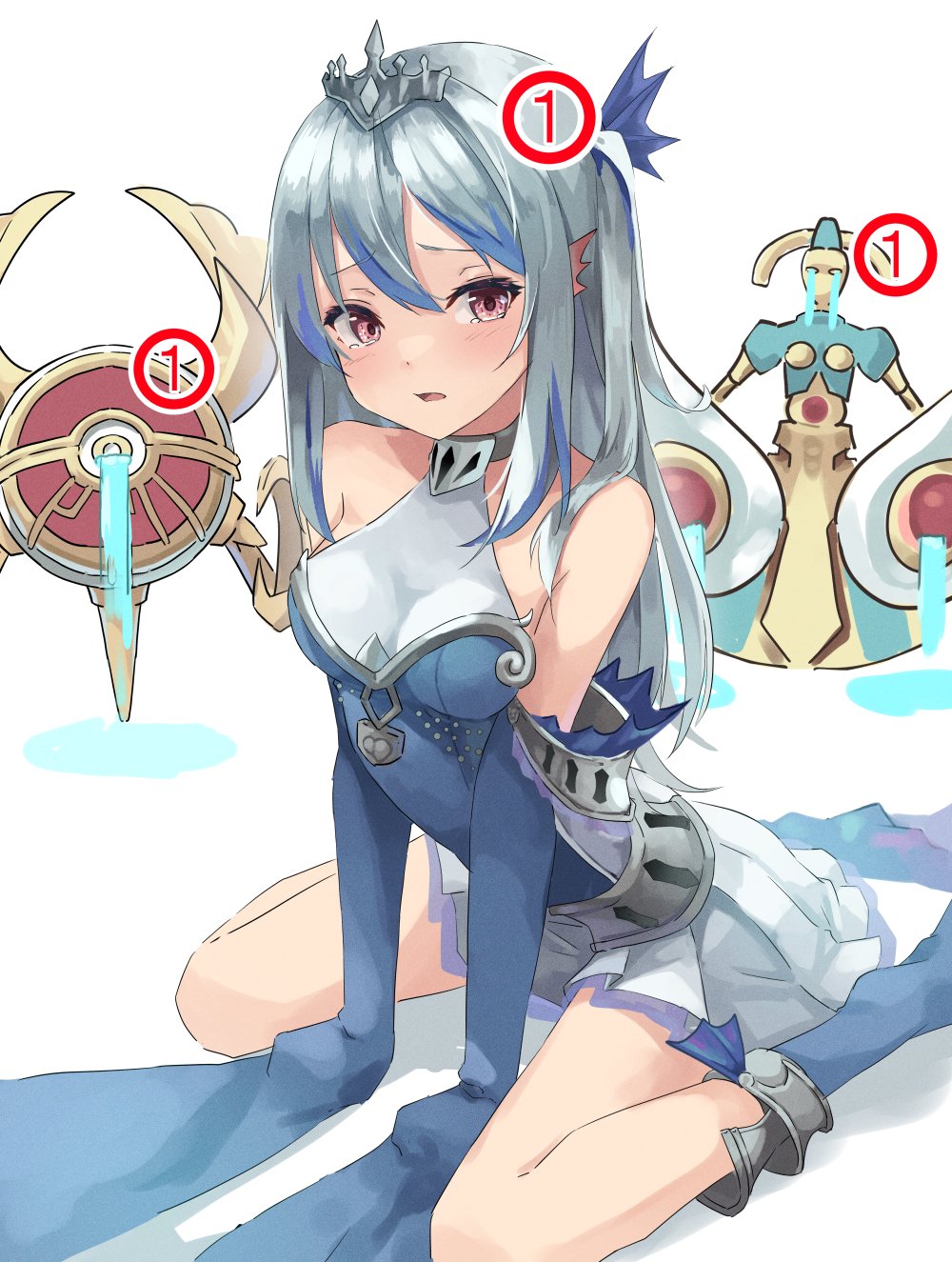 1girl 2others agido_the_ancient_sentinel blue_dress breasts crying crying_with_eyes_open dress duel_monster grey_hair head_fins highres keldo_the_sacred_protector multiple_others on_floor red_eyes siren_(mythology) sitting small_breasts strapless strapless_dress tearing_up tearlaments_scheiren tears tiara unagishirou very_long_sleeves yu-gi-oh!