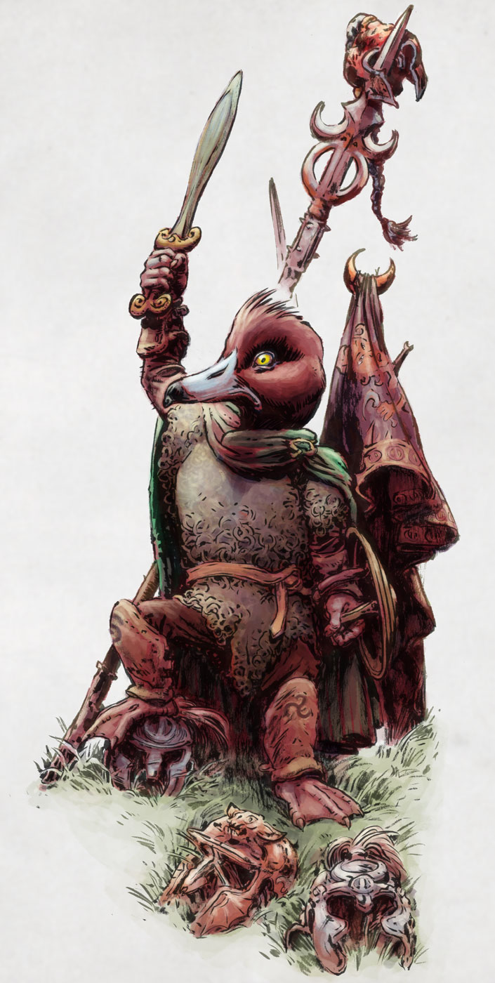 arm_up armor bird cape duck full_body furry glorantha headwear_removed helmet helmet_removed highres lee_o'connor official_art outdoors polearm red-quill_(glorantha) runequest shield spear standing sword weapon white_background yellow_eyes