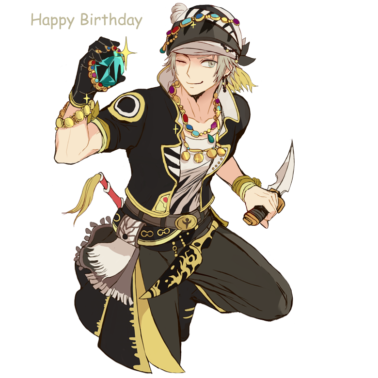 1boy bangs black_gloves black_jacket black_pants bracelet cowboy_shot cropped_legs dagger earrings final_fantasy final_fantasy_vi gem gloves grey_eyes grey_hair happy_birthday head_scarf holding holding_dagger holding_gem holding_knife holding_weapon jacket jewelry kisa_tmy11 knife lock_cole male_focus multicolored_clothes multicolored_headwear necklace one_eye_closed pants parted_bangs shirt short_hair short_sleeves smile solo sparkle weapon white_background white_shirt