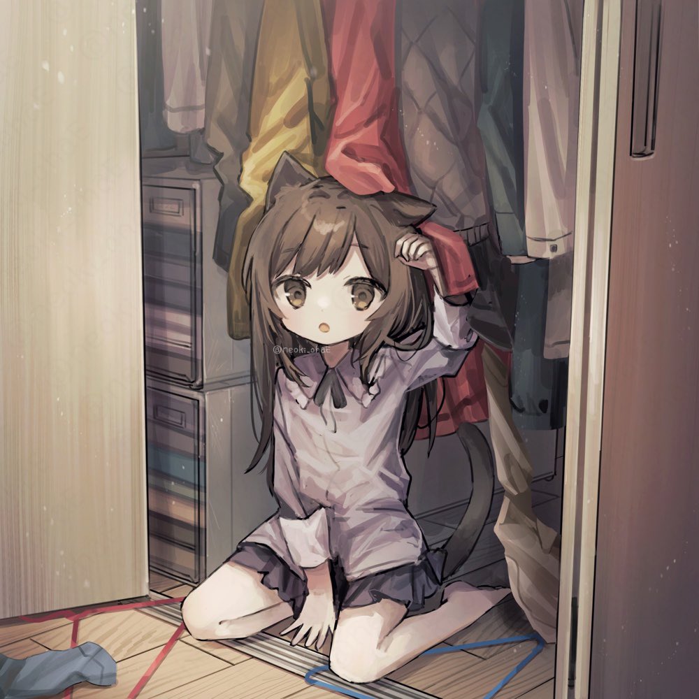 1girl animal_ear_fluff animal_ears arm_up barefoot black_skirt brown_eyes brown_hair cat_ears cat_girl cat_tail child closet clothes_hanger female_child folding_door grey_shirt grey_sleeves indoors long_hair long_sleeves looking_at_viewer neoki_ohae on_floor open_mouth original shirt sitting skirt solo tail wooden_floor