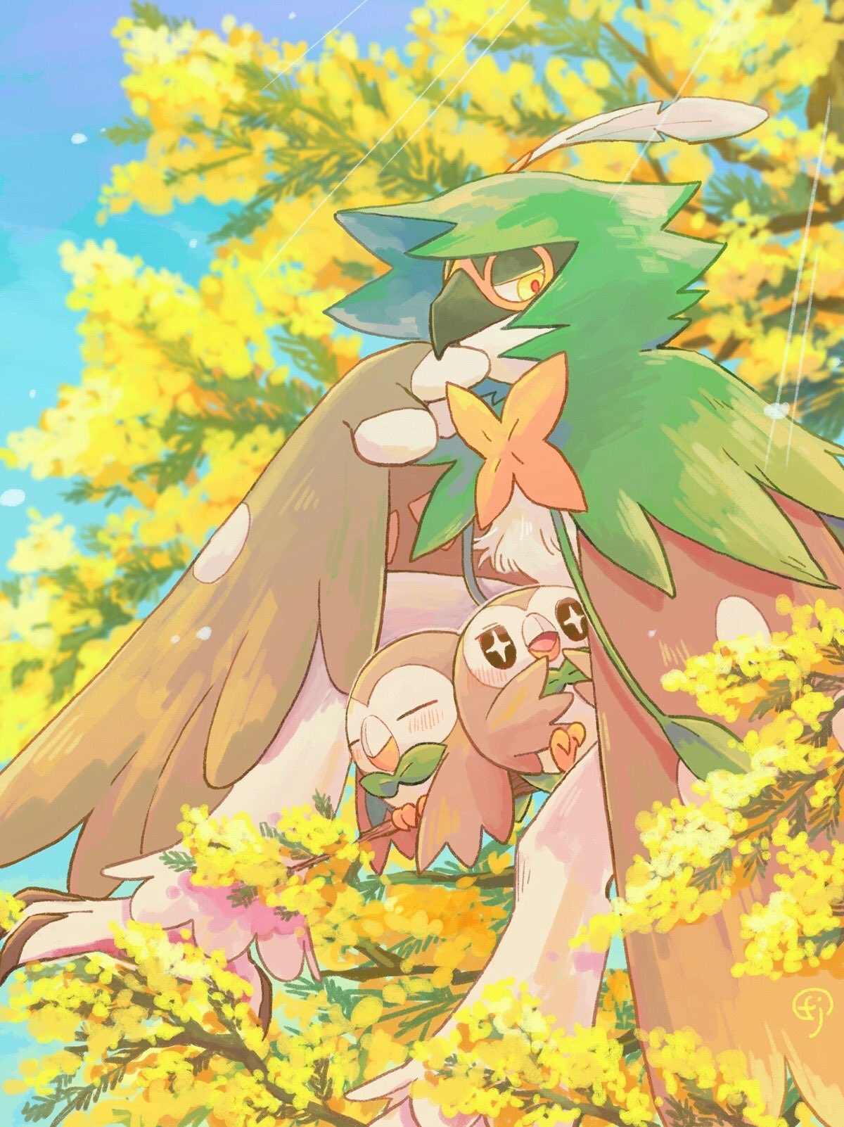 acacia_(flower) beak blue_sky branch chikafuji closed_eyes decidueye feathers half-closed_eyes highres leaf no_humans on_tree open_mouth outdoors pokemon pokemon_(creature) rowlet sky sparkling_eyes talons yellow_eyes