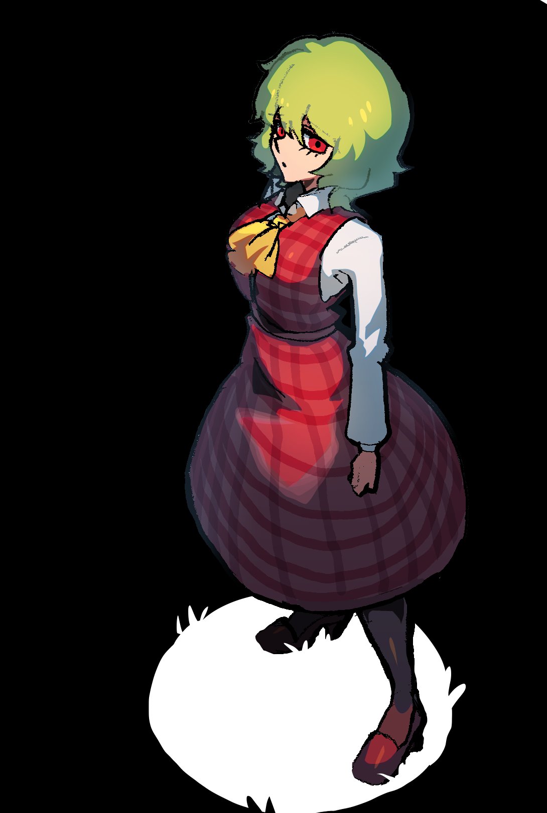 1girl ascot bangs black_background full_body green_hair highres iganashi1 kazami_yuuka long_sleeves looking_at_viewer one-hour_drawing_challenge plaid plaid_skirt plaid_vest red_eyes red_footwear red_skirt red_vest short_hair simple_background skirt solo standing touhou vest yellow_ascot
