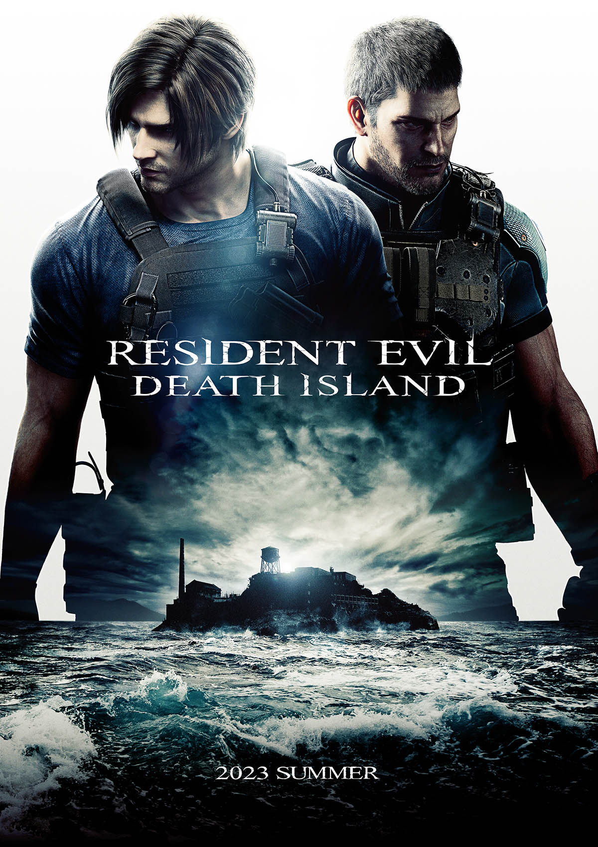 2023 2boys beard blue_shirt body_armor chris_redfield clouds cloudy_sky english_commentary english_text facial_hair highres island leon_s._kennedy logo looking_to_the_side male_focus movie_poster multiple_boys ocean official_art resident_evil shirt short_hair simple_background sky sleeveless water_tank white_background