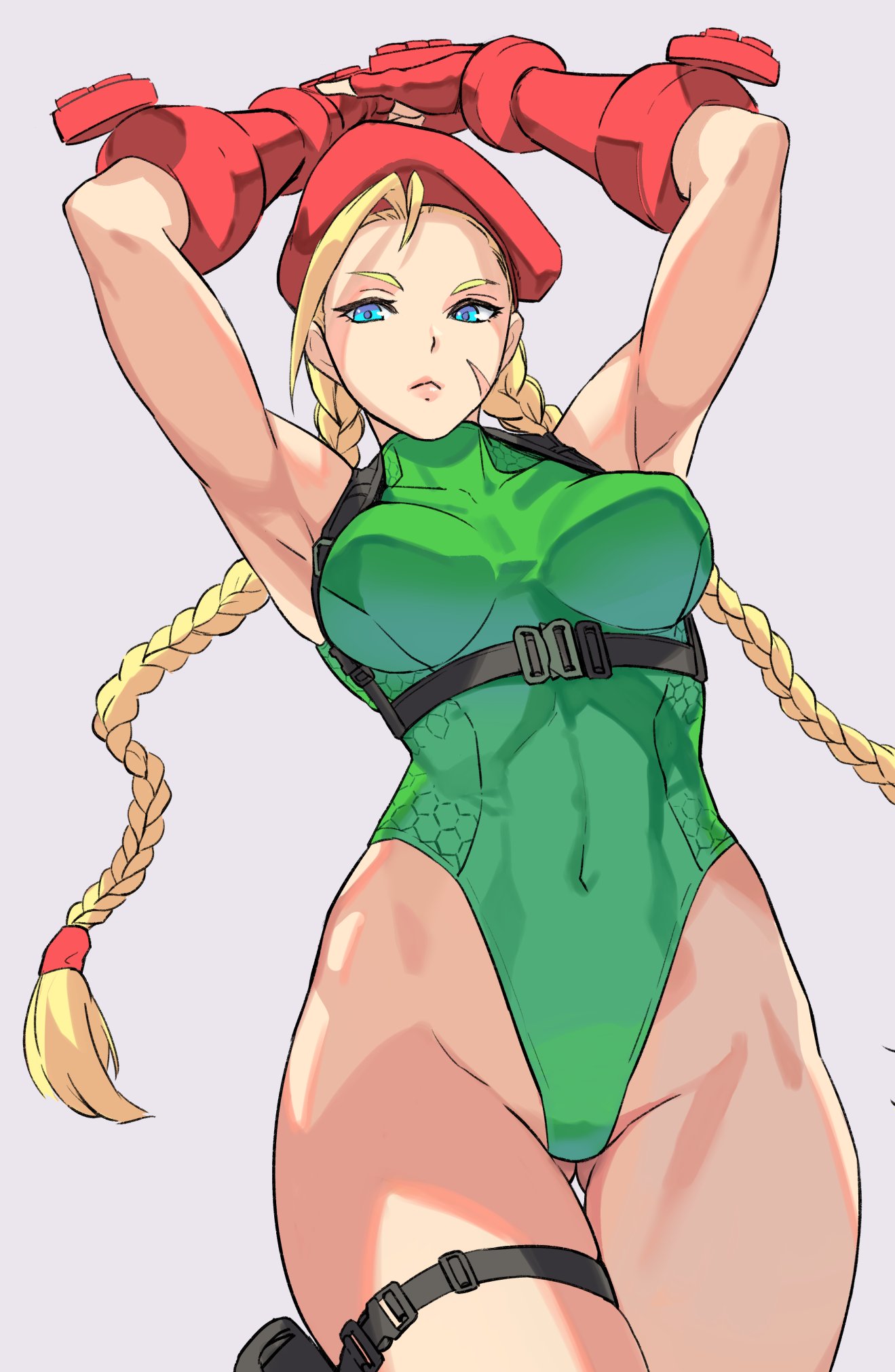 1girl amados antenna_hair armpits arms_up ass_visible_through_thighs beret blonde_hair blue_eyes braid breasts cammy_white covered_navel gloves green_leotard hat highres large_breasts leotard looking_away navel red_gloves scar scar_on_cheek scar_on_face solo strap street_fighter street_fighter_v thigh_strap thighs twin_braids white_background