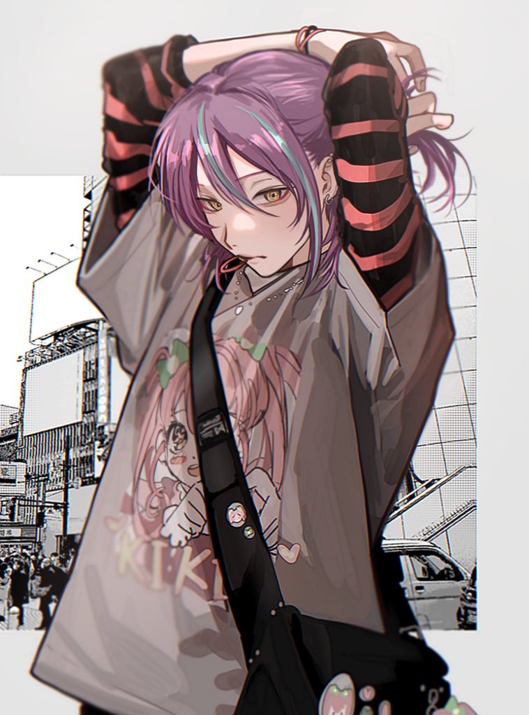 1boy alternate_costume badge bag bangs blue_hair button_badge closed_mouth commentary earrings goi_x01 grey_shirt hair_between_eyes jewelry kamishiro_rui layered_sleeves long_sleeves male_focus medium_hair multicolored_hair necklace project_sekai purple_hair shirt shoulder_bag sleeves_past_elbows solo streaked_hair striped yellow_eyes