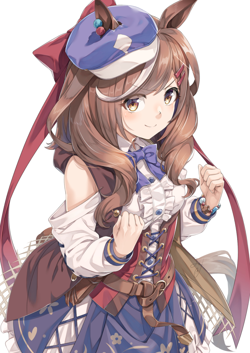 &gt;:) 1girl animal_ears blue_headwear blue_skirt blush breasts brown_eyes brown_hair brown_vest cabbie_hat center_frills closed_mouth clothing_cutout commentary ears_through_headwear frilled_skirt frills hair_ornament hairclip hat horse_ears horse_girl horse_tail long_hair long_sleeves looking_at_viewer matikane_tannhauser_(umamusume) medium_breasts miri_(ago550421) multicolored_hair puffy_long_sleeves puffy_sleeves shirt shoulder_cutout simple_background skirt smile solo streaked_hair tail tilted_headwear umamusume v-shaped_eyebrows vest white_background white_hair white_shirt
