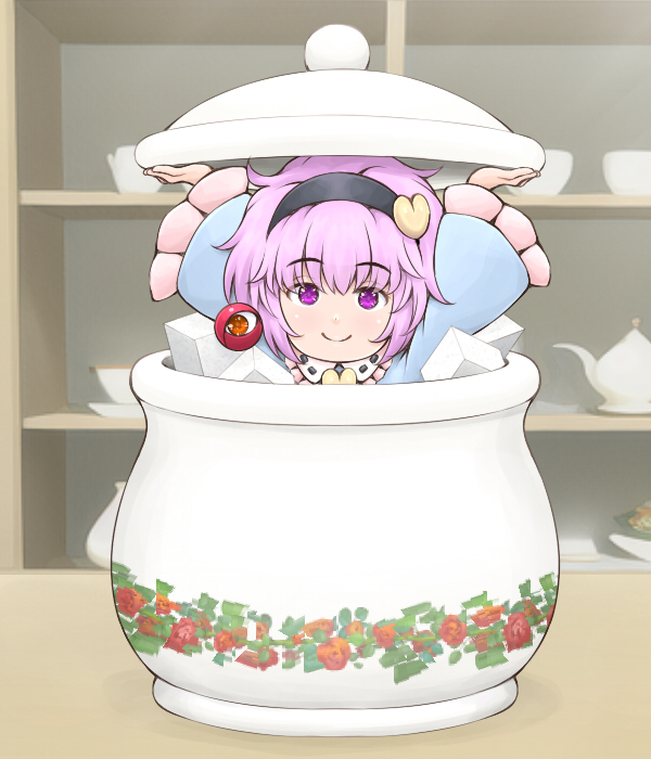 1girl aliasing arms_up bangs black_hairband blurry blurry_background closed_mouth cup date_pun dot_nose eyeball floral_print food frilled_shirt_collar frilled_sleeves frills hair_ornament hairband heart heart_hair_ornament holding holding_lid huchu_bocchi in_container in_food indoors komeiji_satori light_purple_hair long_sleeves looking_at_viewer minigirl mismatched_eyebrows number_pun ribbon_trim rose_print satori_day saucer shiny_skin short_hair smile solo straight-on sugar_bowl sugar_cube teacup teapot third_eye touhou violet_eyes wide_sleeves