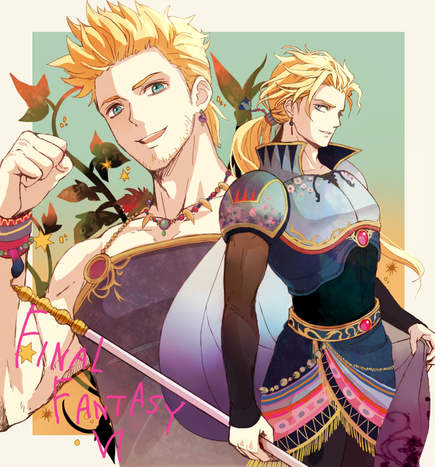 2boys armor bangs black_shirt blonde_hair blue_eyes border brothers clenched_hand cowboy_shot earrings edgar_roni_figaro facial_hair final_fantasy final_fantasy_vi holding holding_weapon jewelry kisa_tmy11 long_hair long_sleeves looking_at_viewer low_ponytail male_focus mash_rene_figaro multiple_boys necklace open_mouth parted_bangs parted_lips plate_armor purple_shirt shirt short_hair shoulder_armor siblings smile stubble toned toned_male tooth_necklace twins upper_body waist_sash weapon wristband